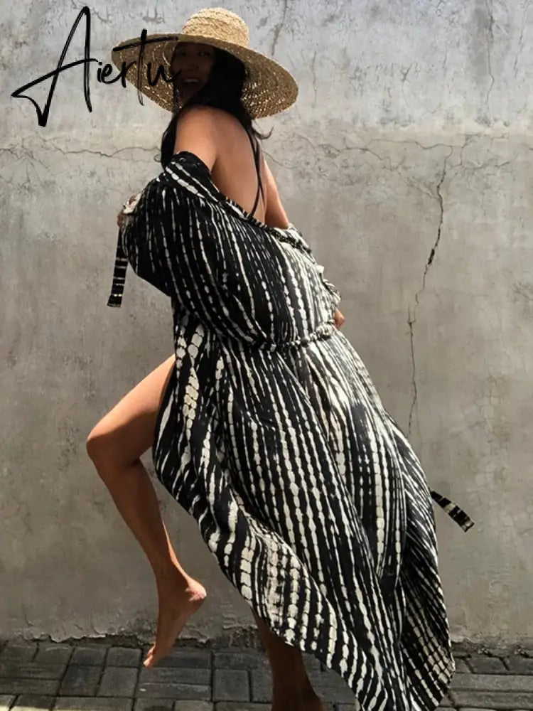 Beach Cover Ups for Swimwear Women Black Tie Dye Kimono Swimsuit Cape Summer Dress Beachwear Outfits Sales Aiertu