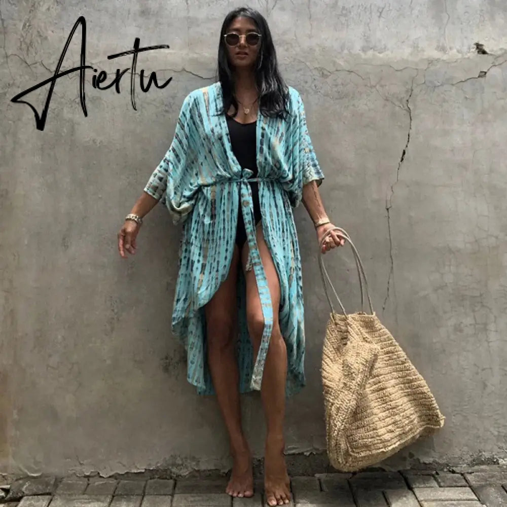 Beach Cover Ups for Swimwear Women Black Tie Dye Kimono Swimsuit Cape Summer Dress Beachwear Outfits Sales Aiertu