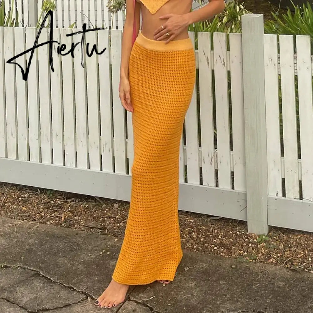 Beach Style Striped Knitted Maxi Skirts Summer Holiday Chic Women Sexy High Waist Pencil Long Skirt Bodycon Y2K Vintage Clothes Aiertu
