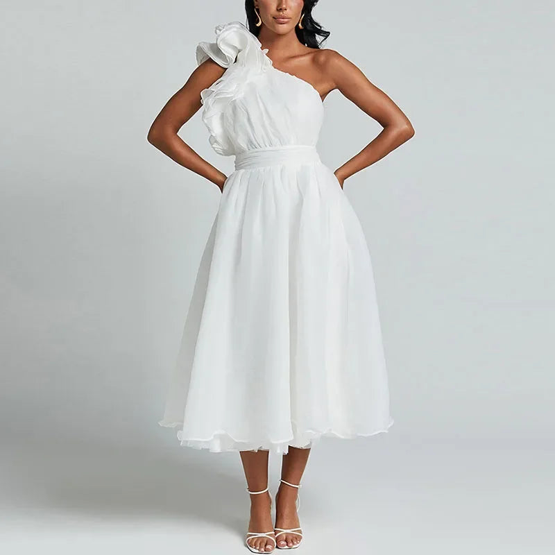 Aiertu  -  Elegant Party Dress Women Skew-collar Pleated A-line Midi Evening Dresses Female 2025 Spring Summer Casual Vacation Lady Robe Aiertu