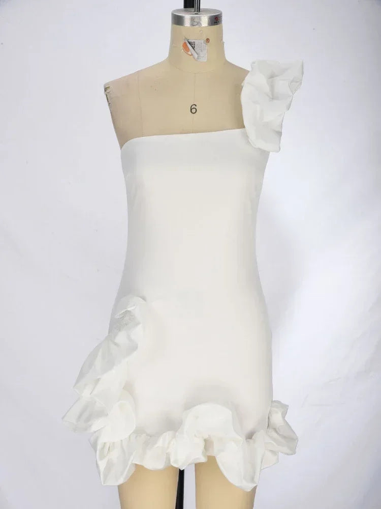 Aiertu Elegant White Mini Dresses 3D Flower Luxury One Shoulder Sleeveless Pleated Cocktail Party Evening Bodycon Dress Female Aiertu