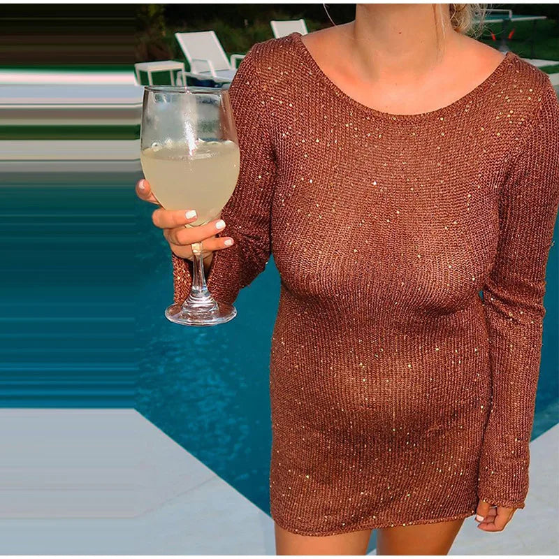 Aiertu  -  Sexy Knitted Off Shoulder Short Dress Women Glitter Long Sleeve Female Vacation Dresses 2025 Spring Summer Lady Beach Party Robe Aiertu
