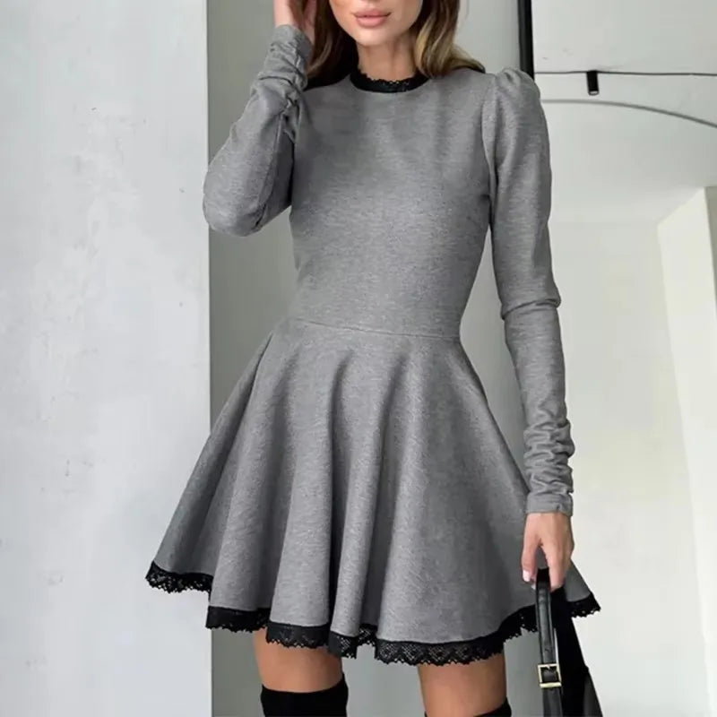 Aiertu  -   party look snspos Ruffle Lace Mini Dress Women O Neck Long Sleeve Slim A Line Short Dress High Waist Pullover Patchwork Party Y2k Dress Aiertu