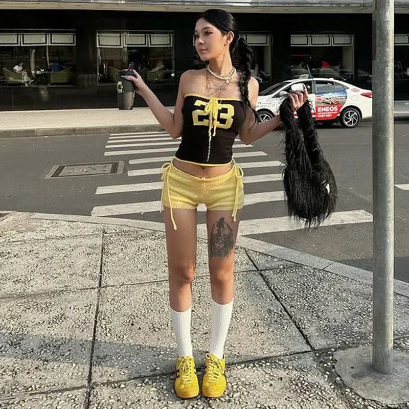 Aiertu  -  Knitted Graphic Tube Top and Shorts 2 Pieces Set Korean Streetwear Cute Outfits for Woman Summer Clothes P56-EZ24 Aiertu