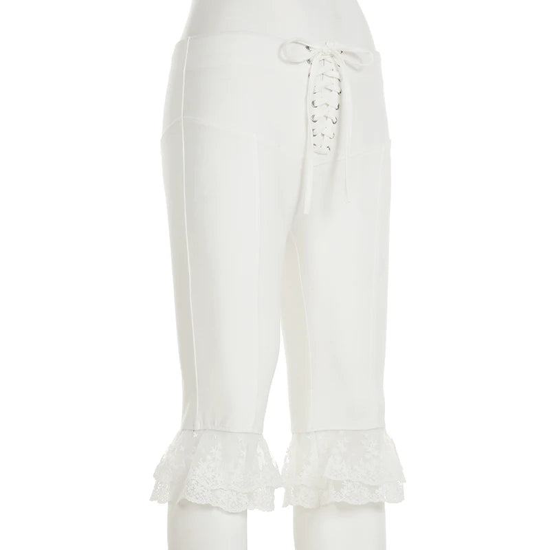 Aiertu  -  Holiday Solid Lace Trim Bandage Knee Length Pants Sweet Slim Mid-Waisted Pants Women 2026 Summer Fashion Streetwear Lady Aiertu