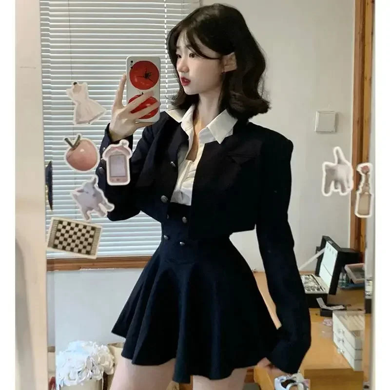 Aiertu spring birthday outfit Preppy Style Vintage Fashion Suit Woman White Shirt + Short Coat High Waist Slim Y2k Mini Dress Japanese Elegant Set 2025 Chic Aiertu