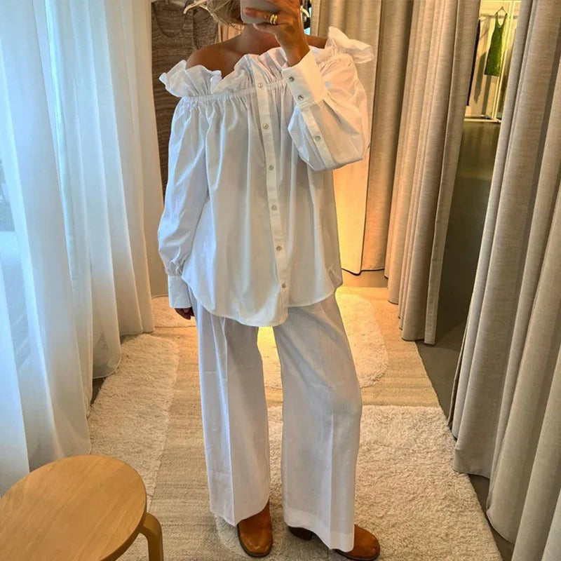 Aiertu  -  Fashion Ruffle Shirt Pants Sets Women Loose Off Shoulder Blouse High Waist Wide Leg Trouser 2025 Spring Summer Lady Solid Outfit Aiertu