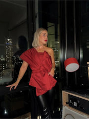 Aiertu  -  Bow Red Chic Top Women Fashion Skew-collar Irregular Casual Bandage Female Tops 2023 Party One-shoulder Shirt Aiertu