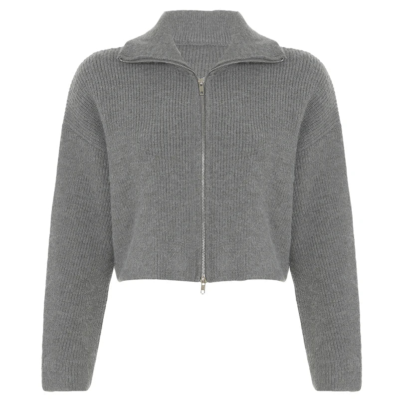 Aiertu  -  cold weather outfits Y2K Double Zipper Cardigan Women High Street Knitted Turn-down Collar Sweater Winter Lady Minimalist Knitwear Casual Aiertu