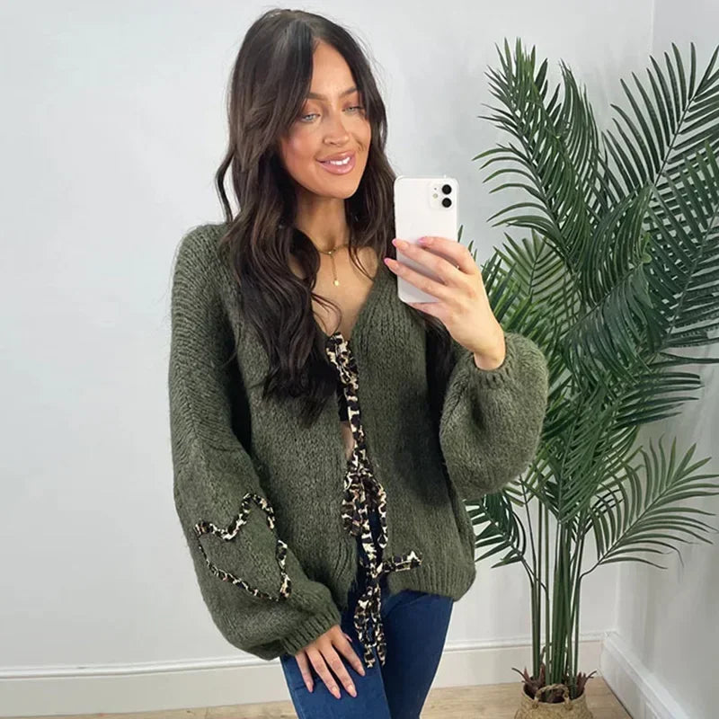 Aiertu     -  Fall Outfits 2026 Leopard Lace Up Cardigans Women Loose Long Lantern Sleeve V-neck Heart Print Patchwork Sweater 2026 Autumn Solid Female Knitwear Aiertu