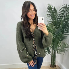 Aiertu     -  Fall Outfits 2026 Leopard Lace Up Cardigans Women Loose Long Lantern Sleeve V-neck Heart Print Patchwork Sweater 2026 Autumn Solid Female Knitwear Aiertu