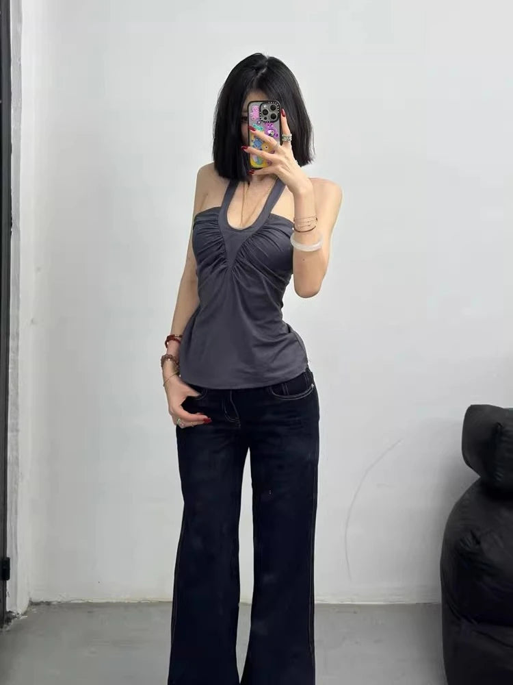 Aiertu  -  Y2k Aesthetic Sexy Women Halter Tank Tops Streetwear Vintage Pleated Grunge Tanks Backless Harajuku Summer Cropped Camisole Aiertu