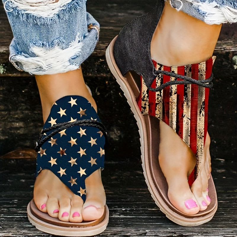 Aiertu [Vintage Gladiator Sandals] Vintage Style Gladiator Sandals - Striped Independence Day Flat Heel with Zip Closure, Split Toe Design, EVA Sole, Faux Cover Insole & Lining Aiertu