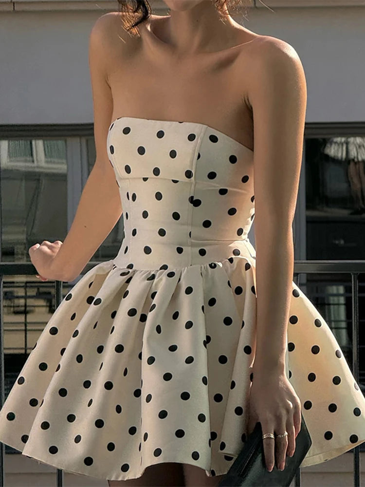 Aiertu  -  Women's Apricot A-line Dot Dress 90s Vintage Off Shoulder Sleeveless Dresses Y2k One Piece Frocks 2000s Coquette Clothes Summer Aiertu