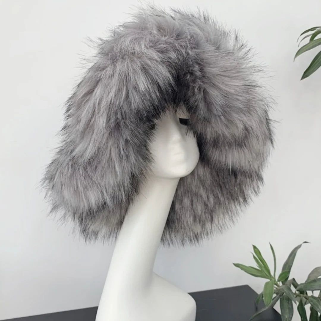 Aiertu  -  Luxury Fluffy Women Faux Fur Bucket Hats Oversized 17cm Wide Brim Thicken Outdoor Warm Plush Punk Hat Girl Y2k Female Ski Panama Aiertu