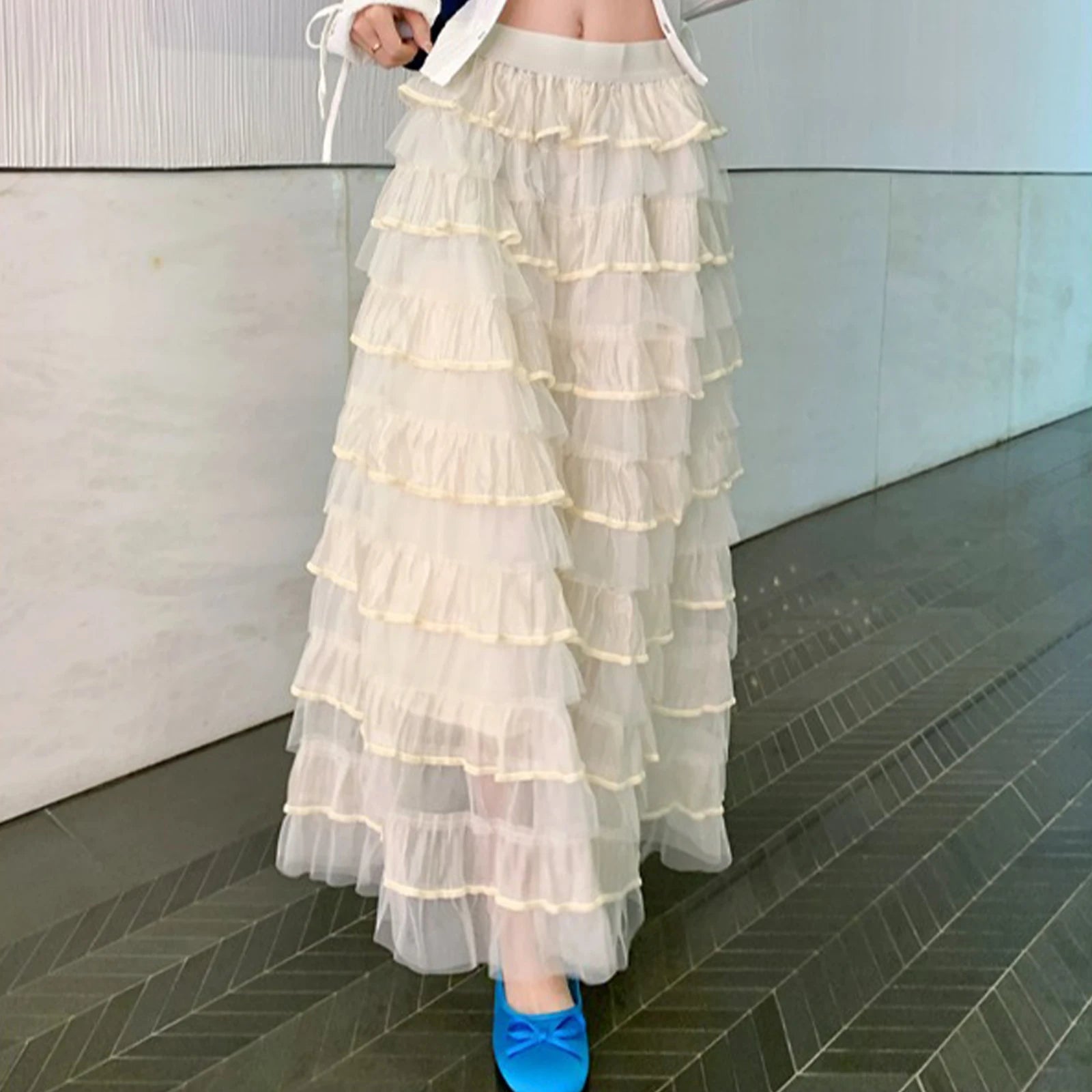 Aiertu  -  Summer 2026 Long Cake Skirt Women Solid Color High Rise Layered Ruffled A-line Tulle Skirt for Daily Office Aiertu