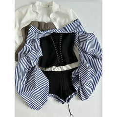 Aiertu Y2K Slash Neck Shirts Women Sexy Cropped Striped Patchwork Blouses Summer Korean Long Sleeve Corset Bandage Design Tops Aiertu