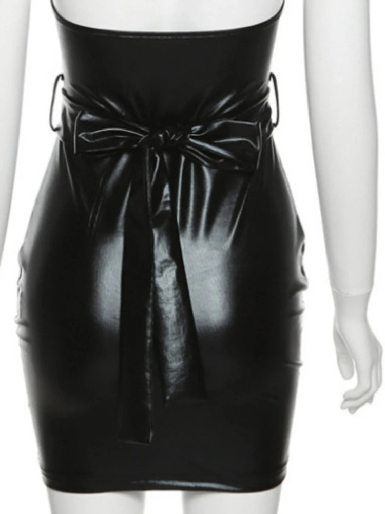 Aiertu Sexy PU Leather V Neck Low-cut Girdling Waist Slim Bodycon Dress Women Sleeveless Backless Skinny Evening Dress Club Party Aiertu