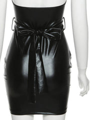 Aiertu Sexy PU Leather V Neck Low-cut Girdling Waist Slim Bodycon Dress Women Sleeveless Backless Skinny Evening Dress Club Party Aiertu