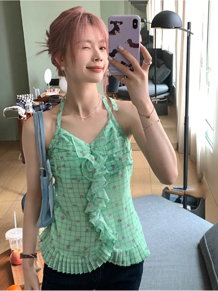 Aiertu  Sweet Plaid Flower Print Halter Tanks Bandage Pleated Slim Waist Tunic Tank Tops Y2k Aesthetic Casual Backless Women Camisoles Aiertu