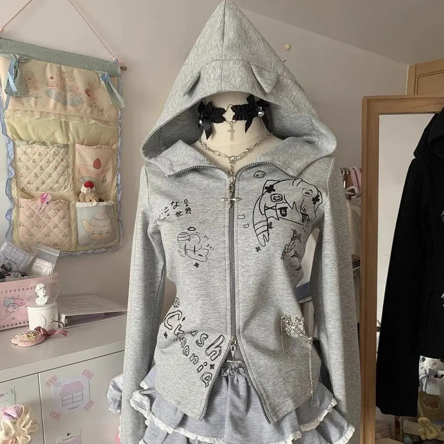 Aiertu  -  Japanese Print Pattern Cute Slim Fit Zip Up Hoodies Versatile Retro Y2K Fashion Long-sleeved Tops Jacket  Harajuku Sweatshirt Aiertu