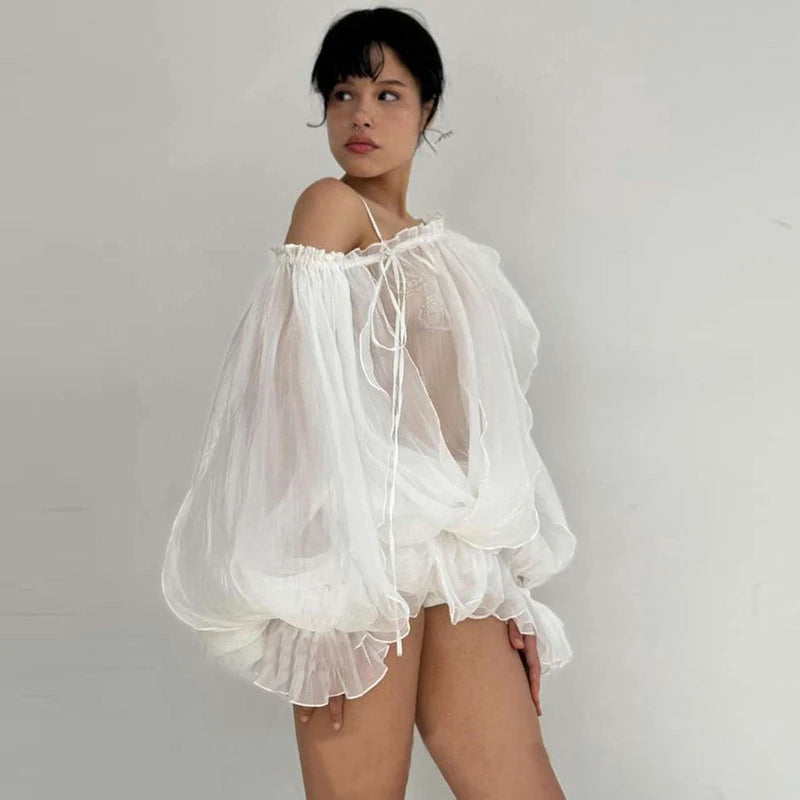 Aiertu  -  Off Shoulder See Through Long Sleeve T Shirt Women Sexy Mesh Lace Up Flare Sleeve White Loose Backless Club Hot Girl Top Aiertu