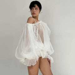 Aiertu  -  Off Shoulder See Through Long Sleeve T Shirt Women Sexy Mesh Lace Up Flare Sleeve White Loose Backless Club Hot Girl Top Aiertu