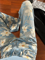 Aiertu  -  Women's Daisy Printed High Waisted Jeans Summer Street Cool Girl Bottoms Wide Legs Irregular Pants Female Baggy Denim Trousers Aiertu