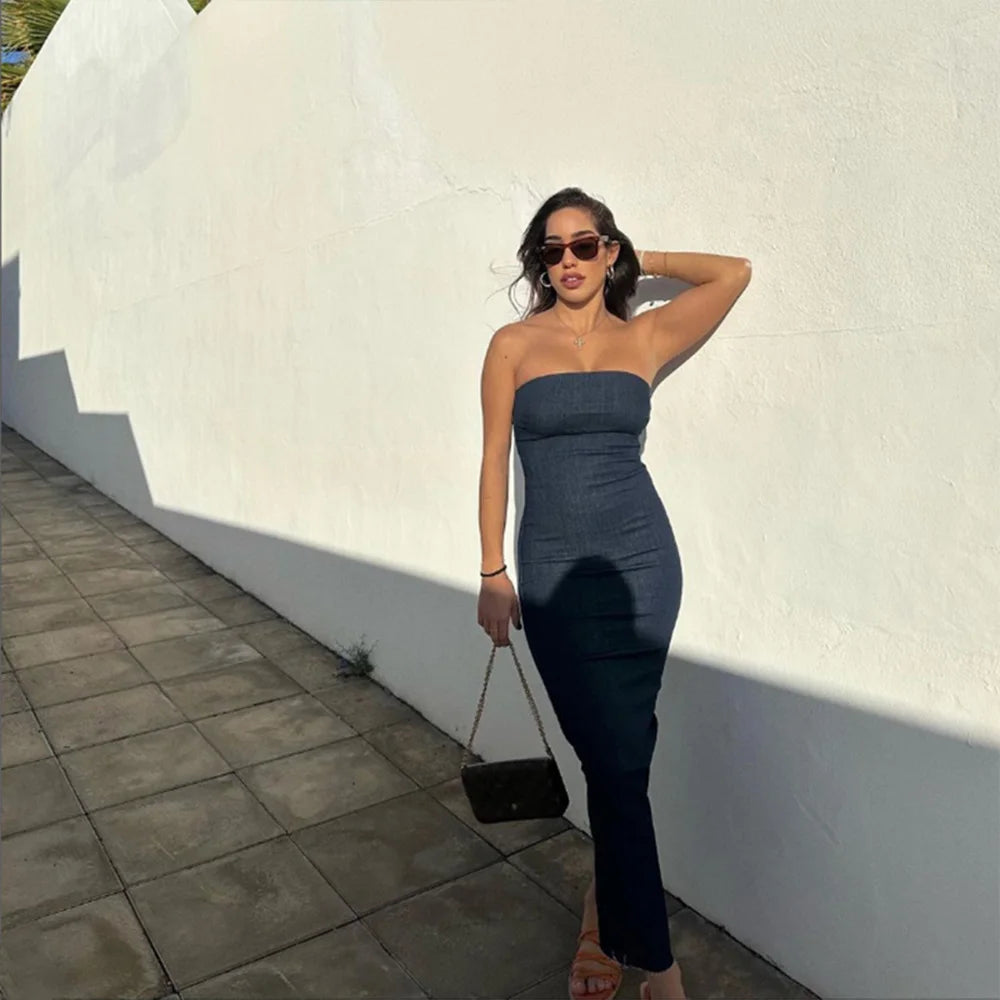 Aiertu  -  INS Fashion Deep Blue Appear Slim Off The Shoulder Zipper Bottom Slit Design Women Denim Strapless Dress ZATT 2025 Spring New Aiertu
