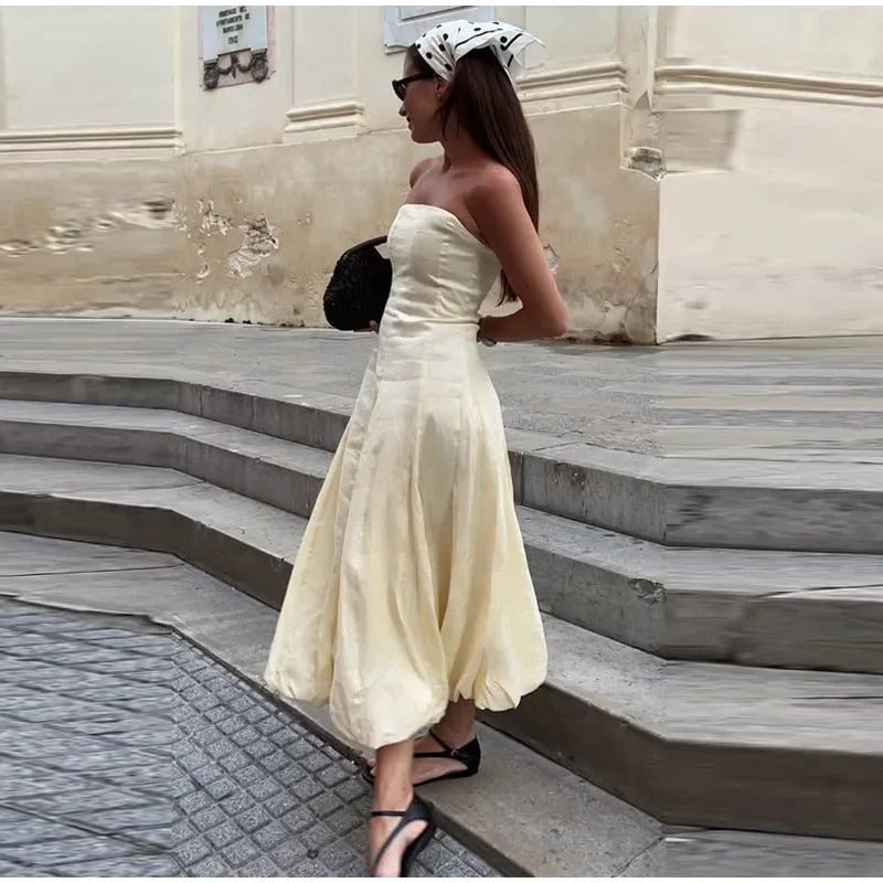 Aiertu  -  Elegant A-line Long Flower Bud Dress Women Evening High Waist Backless Sleeveless Tube Dresses 2025 Summer Gown Solid Vestidos Aiertu