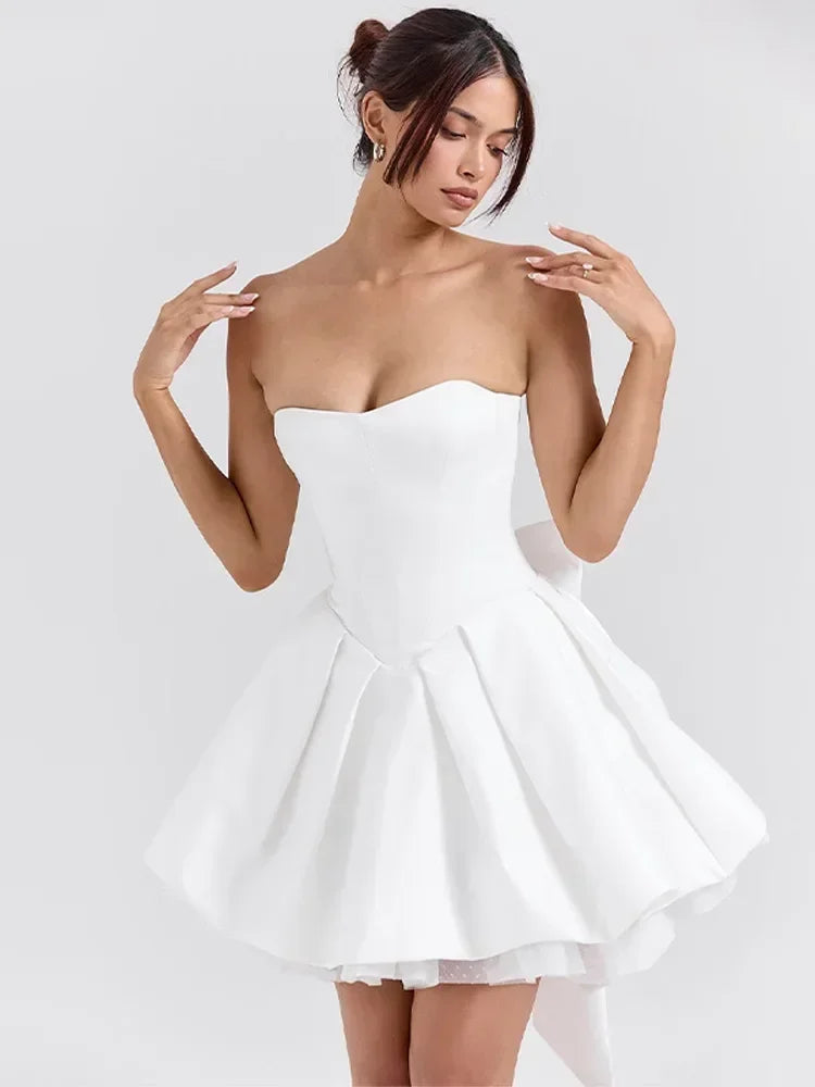Aiertu  -  Elegant White Bow Lace Patchwork Mini Dress Sexy Off Shoulder Backless Sleeveless A Line Dresses 2026 Elegant Lady Party Robes Aiertu