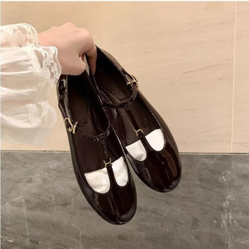 Aiertu  -   T-strap Mary Janes Shoes Women Patent Leather Elegant Black Ballet Flats Shoes Female Shiny Glossy Buckle Strap Pumps Loafers Aiertu