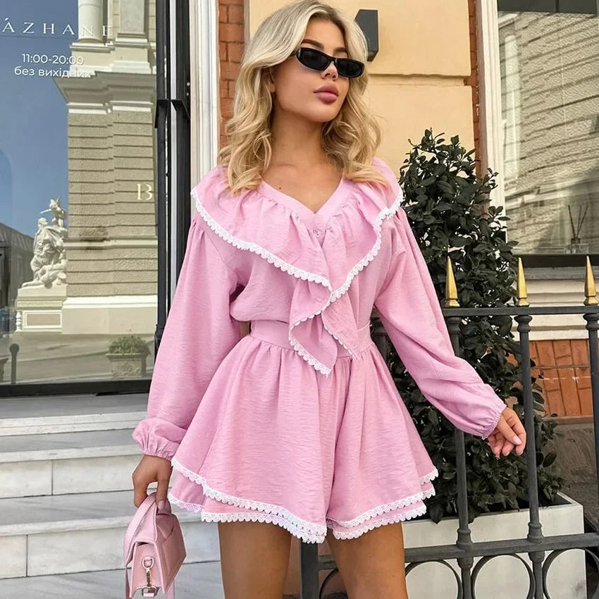 Aiertu  -  Lace Ruffled Tops Shorts Fashion Set Ladies Pajamas Home Clothes Fashion Long Sleeve Top Cotton Casual Matching Sets Fall Aiertu