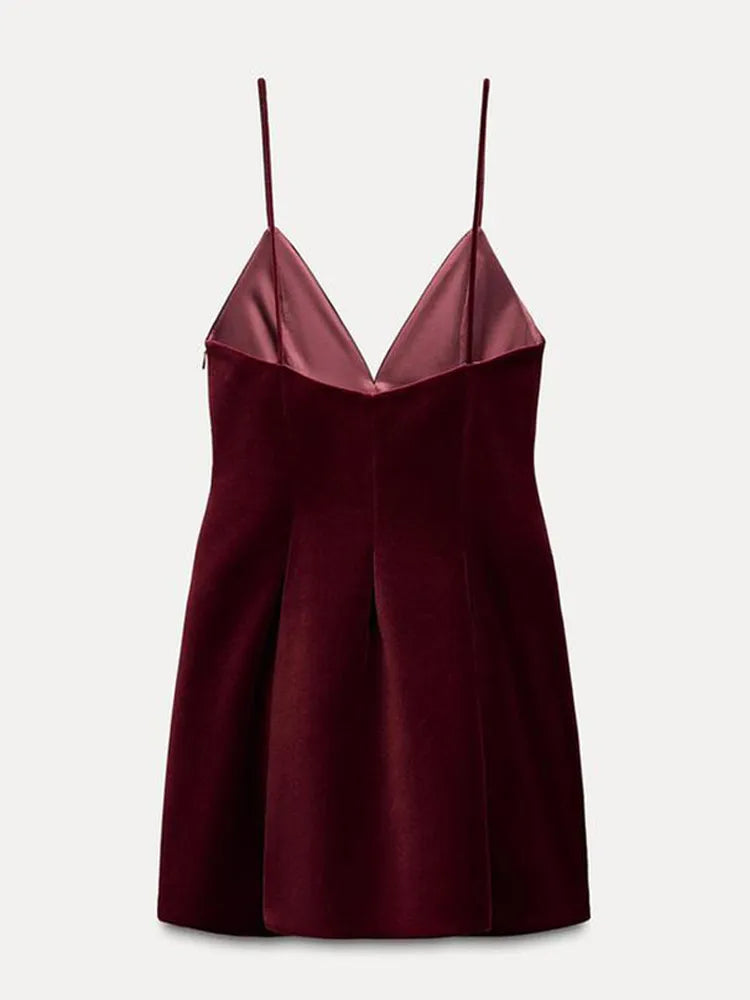 Aiertu  Women Chic Wine Red V-neck Spaghetti Strap Mini Dress Sexy High Waist Slim Pleated Velvet Vestidos New Lady Evening Gowns Aiertu