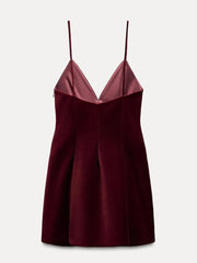Aiertu  Women Chic Wine Red V-neck Spaghetti Strap Mini Dress Sexy High Waist Slim Pleated Velvet Vestidos New Lady Evening Gowns Aiertu