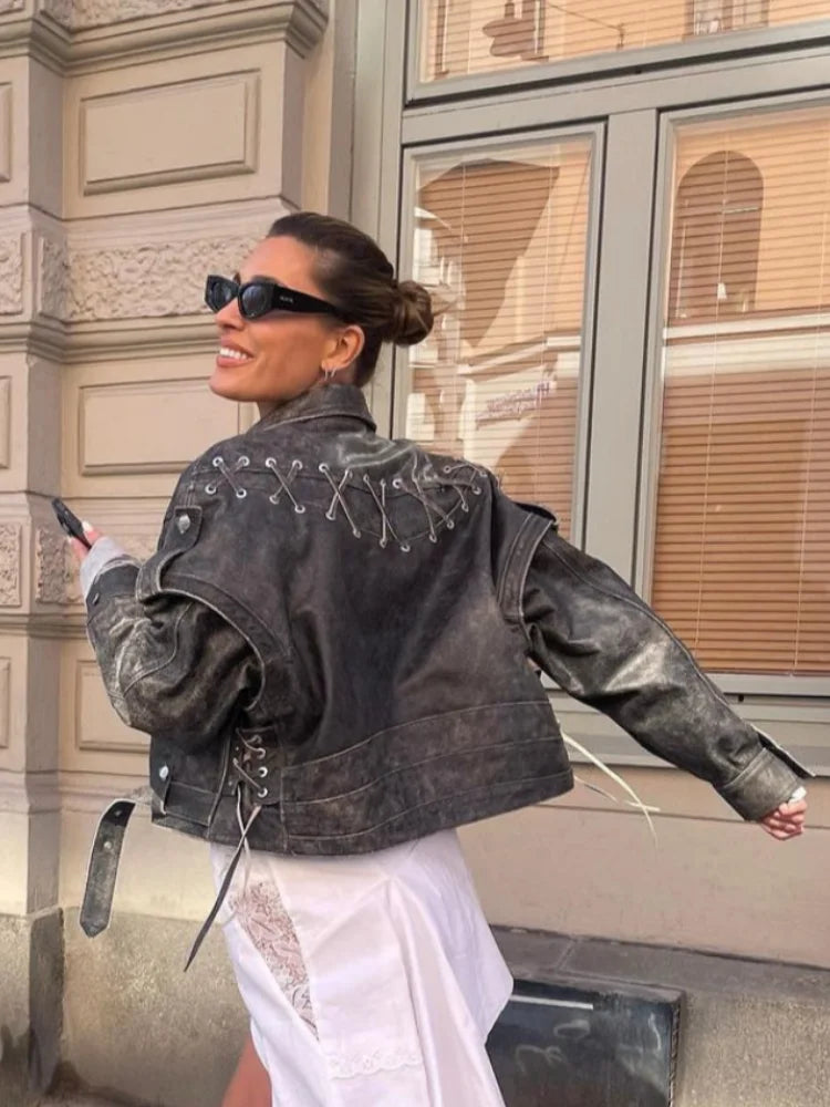Aiertu  -  Fashion Pu Leather Zipper Bomber Women Jacket Vintage Solid Lapel Long Sleeved Y2k Short Coat 2026 Lady Motorcycle Outercoat Aiertu