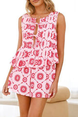 Aiertu  -Casual Flowers Lace Up Contrast O Neck Sleeveless Two Pieces(3 Colors) aiertu