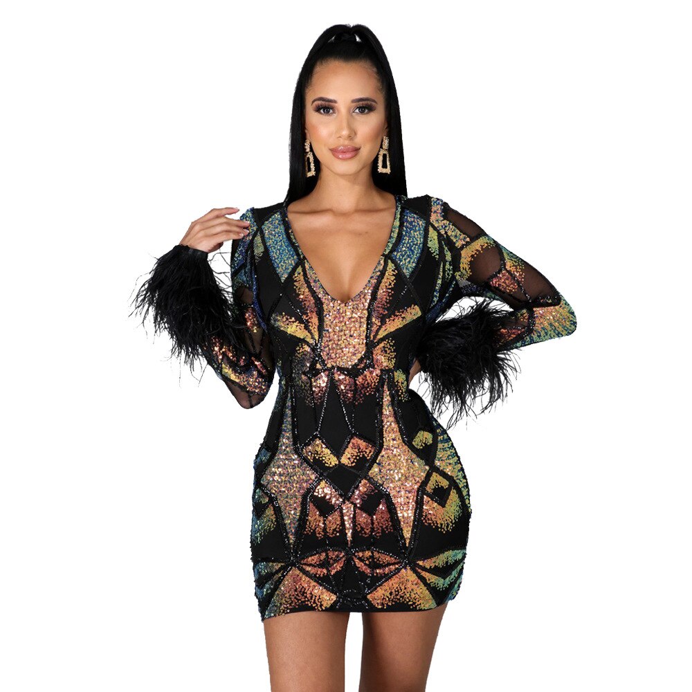 Aiertu  Women Sexy Sequins Feather Night Club Party Dress Deep V Neck Sheer Mesh Long Sleeve Bodycon Mini Dresses Vestidos Aiertu