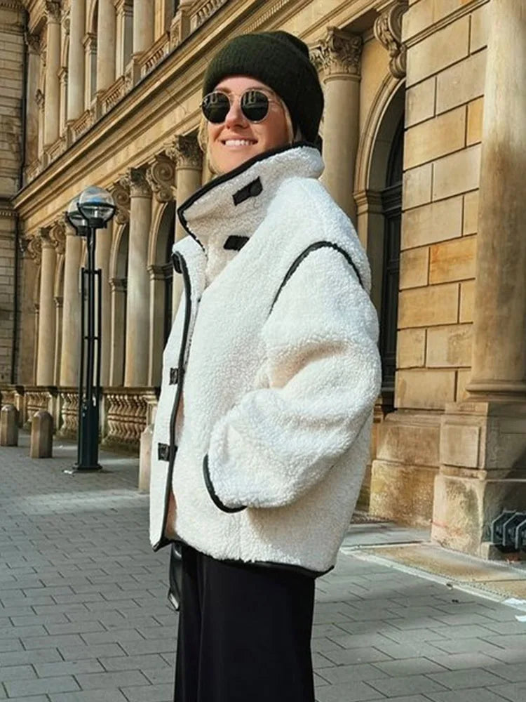 Aiertu  -  Street Patchwork Lamb Wool Women Jacket Full Sleeve Single Breasted Lady Coat Autumn Winter Soft Warm Female Outwear Aiertu