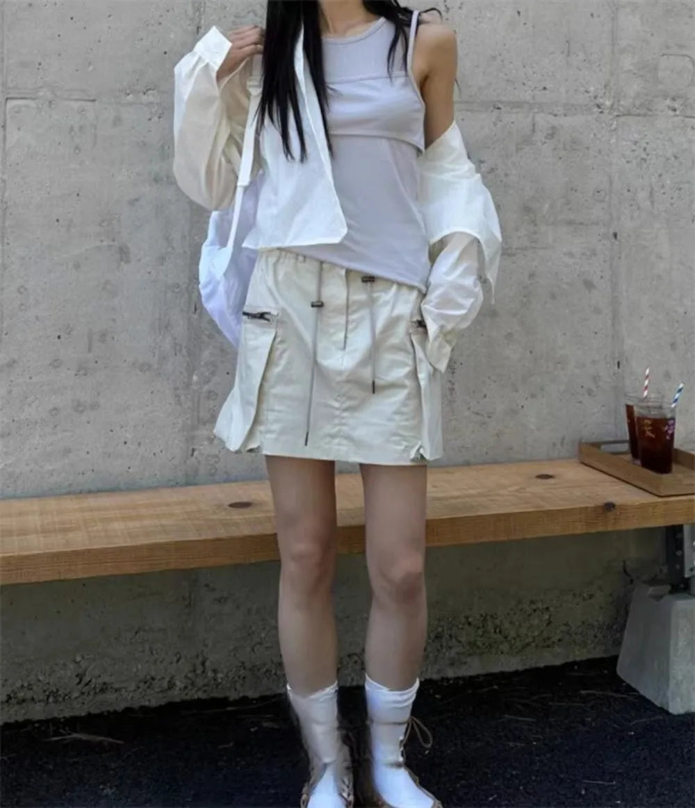 Aiertu  -  Spice Girls High Street Drawstring Elastic Waist All Match Mini Skirt korean Summer New Fashion Double Pocket Skirts for Women Aiertu