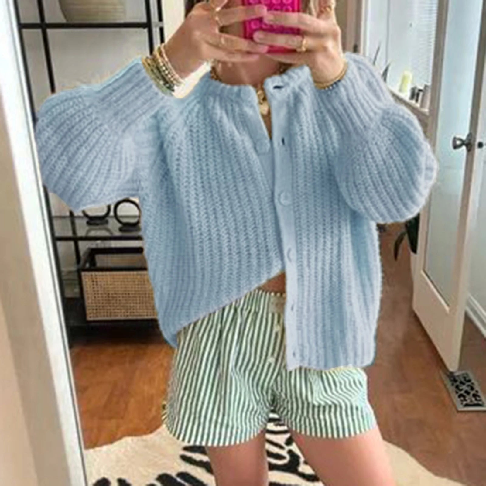 Aiertu  -  Women Chunky Knit Cardigan Y2k Long Latern Sleeve Crew Neck Button Up Open Front Cable Knitted Crop Sweater Jackets Aiertu