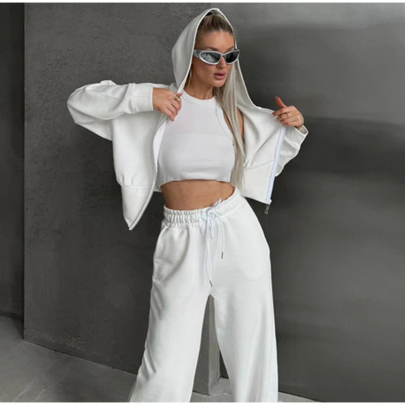 Aiertu  -  Casual Solid Hoodies Pants Set Women Long Sleeve Zipper Short Sweatshirt Loose Drawstring Trouser 2026 Autumn New Lady Tracksuit Aiertu