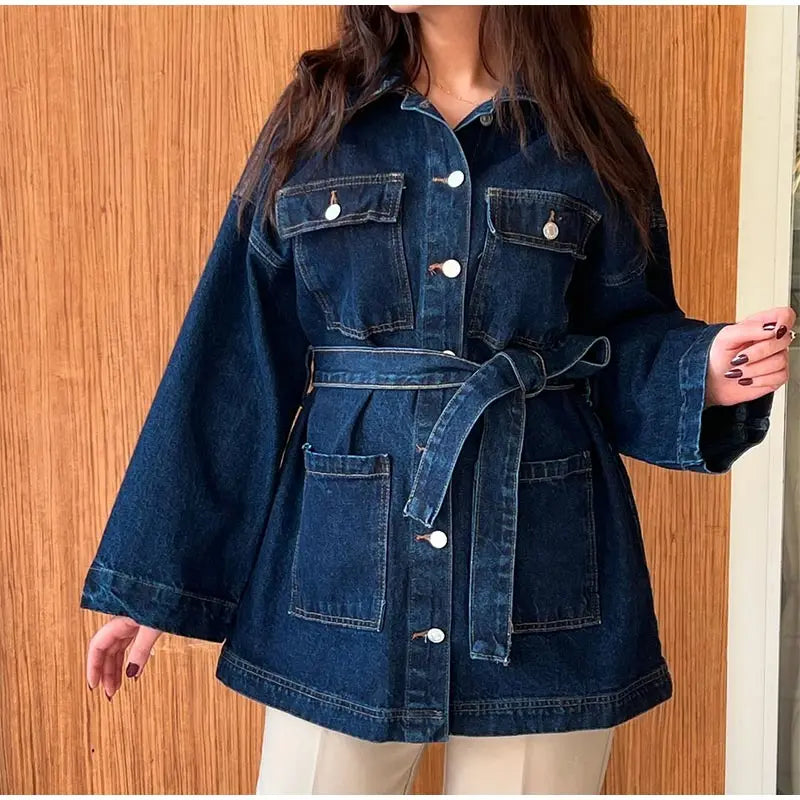 Aiertu  -  Fashion Women's Denim Jackets With Belt Casual Lapel Single-breasted Pockets Washed Jacket 2025 Spring Lady Y2k Street Outwear Aiertu