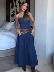 Aiertu  -  Strapless Denim Long Dress Sexy Backless Waist Cinched Cowboy Pleated Dresses Off Shoulder Street Trends Robes Women's Clothing Aiertu