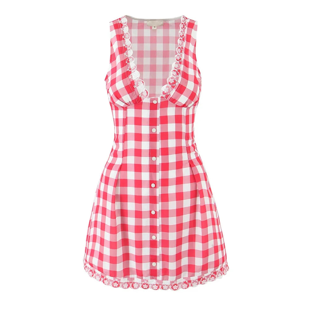 Aiertu  -  Check Slimming Mini Dresses for Women V Neck Sleeveless High Waist Temperament Mini Dress Female Aiertu