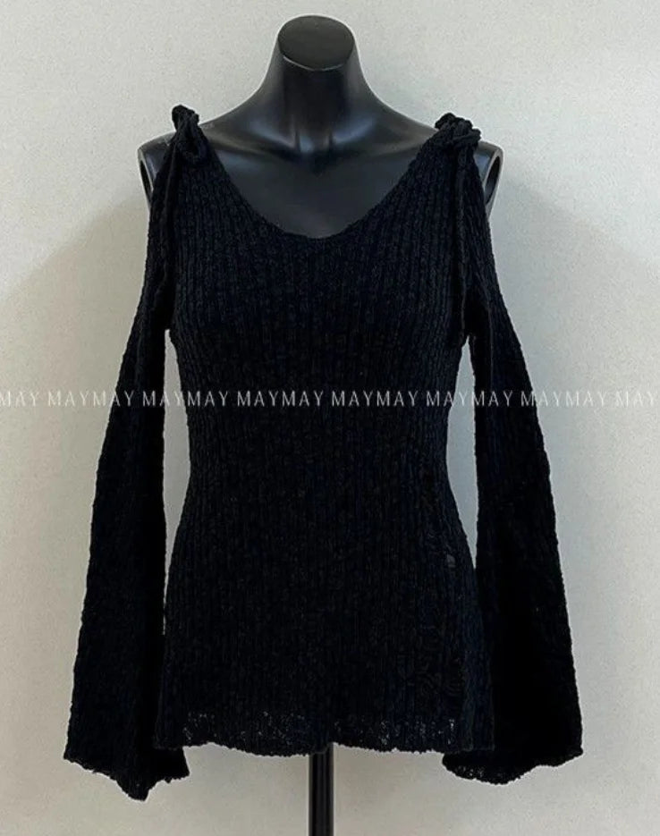 Aiertu  -  Punk Gothic Mid-long Length Knitted Tops Women 2025 Solid Hollow Out Hole Flare Sleeve Loose Y2k Streetwear Pullover Top Female Aiertu