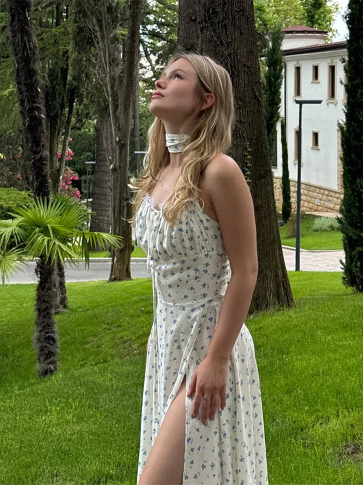 Aiertu  -  Blue Printed Lace Up Hollow Out High Split Maxi Dress Women Sexy Squar Collar Halter Wrap Waist Vestidos Fashion Elegant Robe Aiertu
