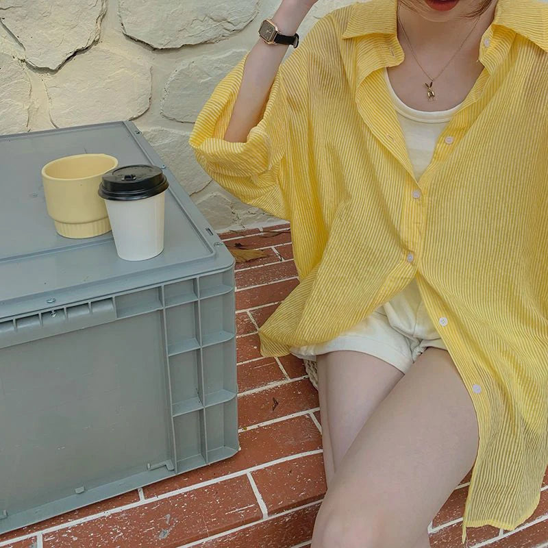 Aiertu Striped Sun Proof Shirts Women Korean Oversized Sunscreen Blouses Summer Streetwear Long Sleeve Casual Sun Protection Top Aiertu