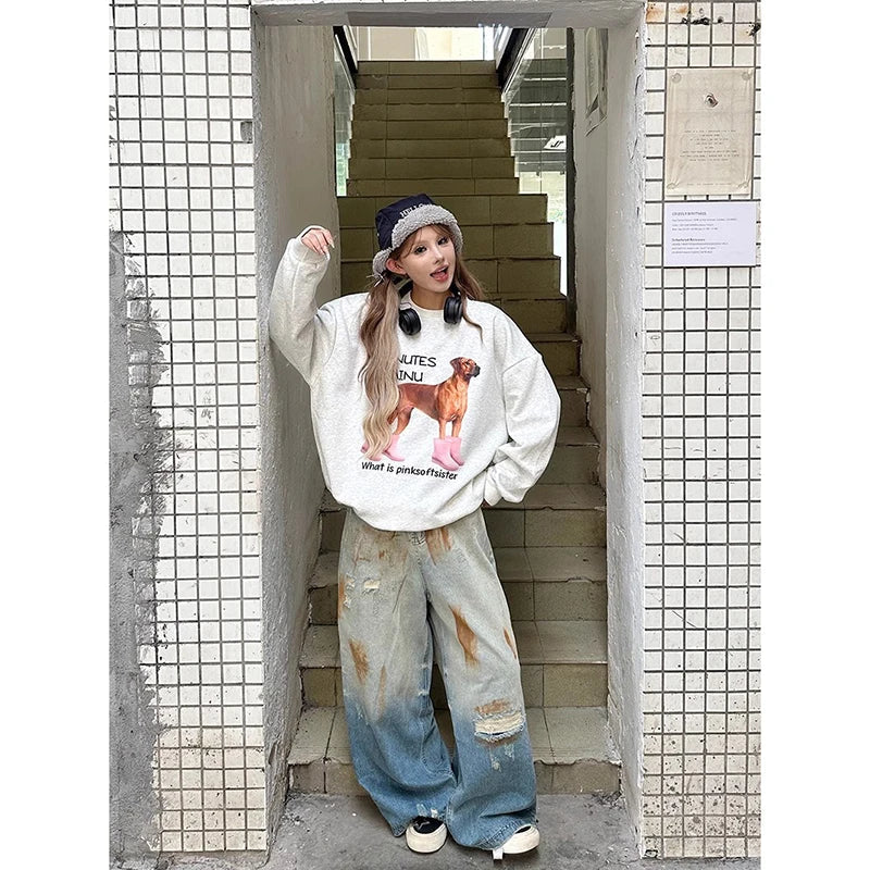 Aiertu  Summer Women's Blue Print Ripped Jeans Harajuku Y2k 2000s Style Baggy Denim Trousers Vintage Punk Trashy Oversize Jean Pants Aiertu