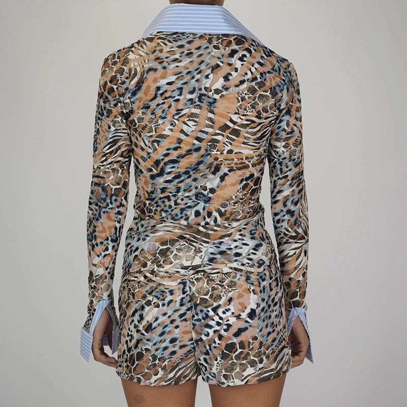 Aiertu  -  Animal Graphic Print 2 Piece Patchwork Button Up Long Sleeve Blouse T-shirt Tops + Shorts Vintage Women Y2k Coquette Outfits Aiertu